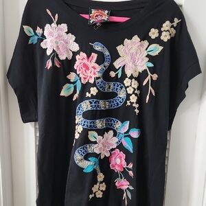 Johnny Was Black Tee with Floral and Snake Embroidery